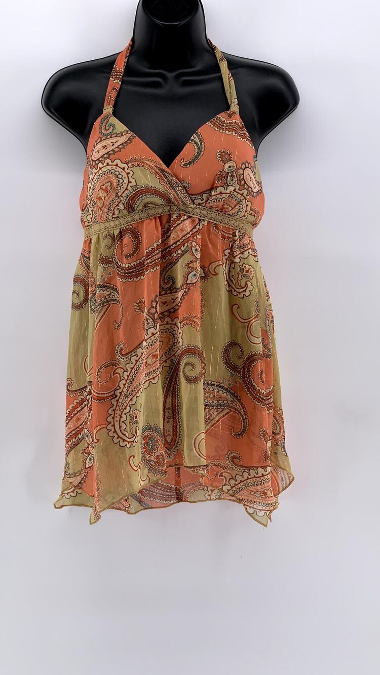 JORDACHE Juniors' Orange Paisley Vintage Y2K Sheer Tank Top SZ L